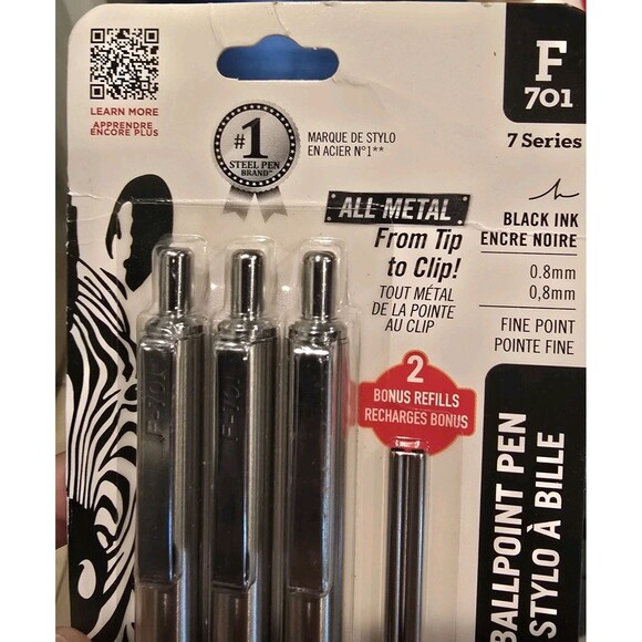 3-Pack Zebra F-701 Ballpoint Pens + 2 bonus refills - Stainless Steel -Black Ink - Picture 3 of 5